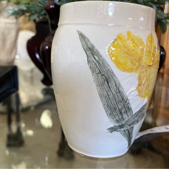 Artisan Signed Pottery Vase Leaf Flower Relief Botanical Art - Picture 10 of 11